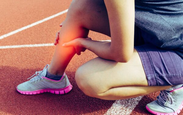Athlete holding her calf. Calf pain is one of the symptoms of tennis leg.